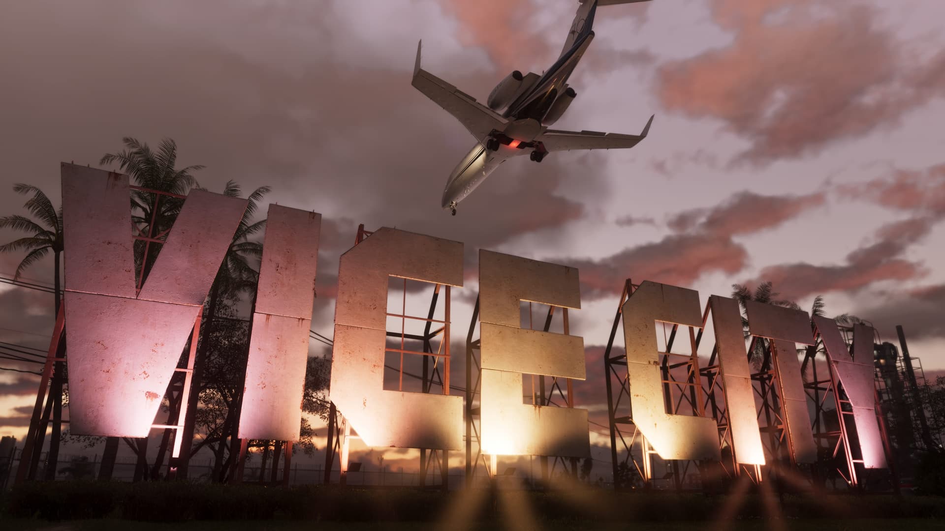 Official GTA VI screenshot showing a Vice City street scene