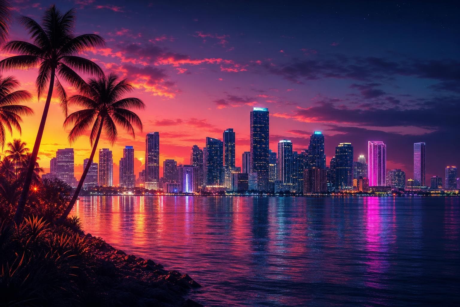 Neon-lit Miami-style skyline at sunset
